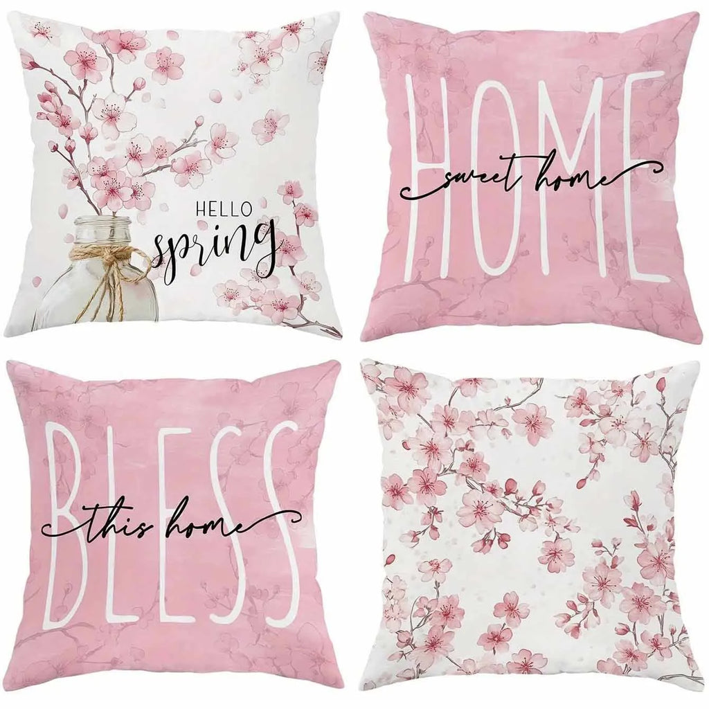 Square short velvet cushion cover with cherry blossom letter print, 45cm size, shown in one of four colour options.
