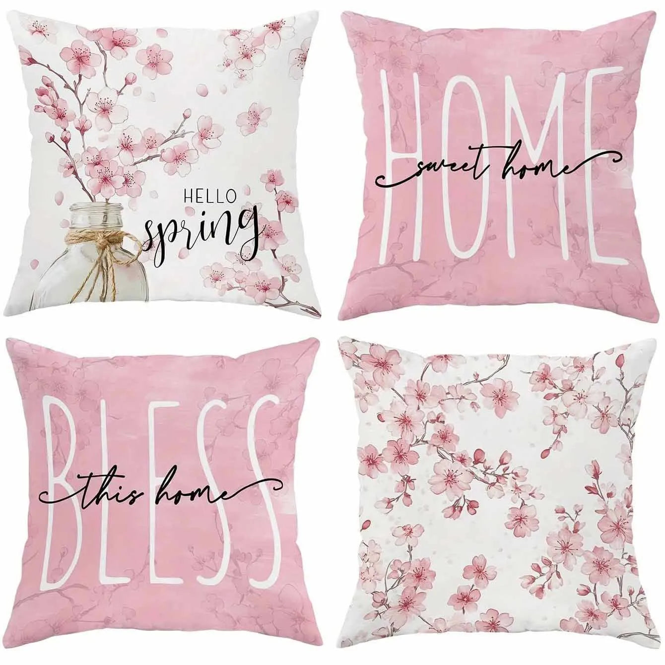 Square short velvet cushion cover with cherry blossom letter print, 45cm size, shown in one of four colour options.