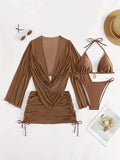 Women's lace-up bikini swimsuit set in dark brown or black with backless design