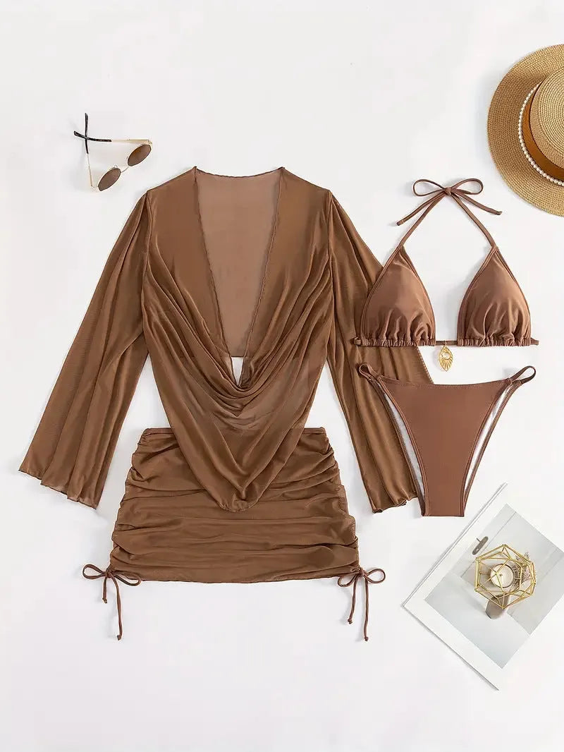 Women's lace-up bikini swimsuit set in dark brown or black with backless design