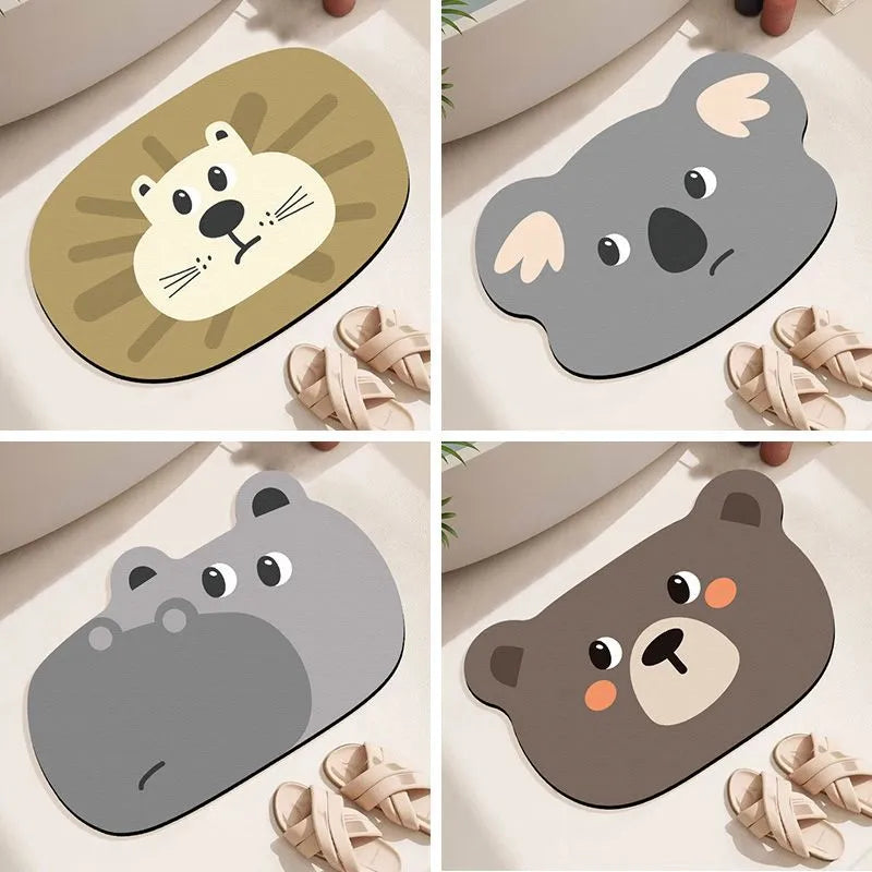 Cartoon animal diatom ooze bathroom mat in sizes 40x60cm, 50x80cm, 60x90cm on a bathroom floor.