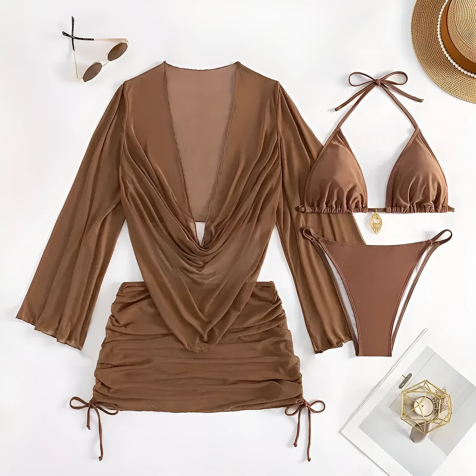 Women's lace-up bikini swimsuit set in dark brown or black with backless design