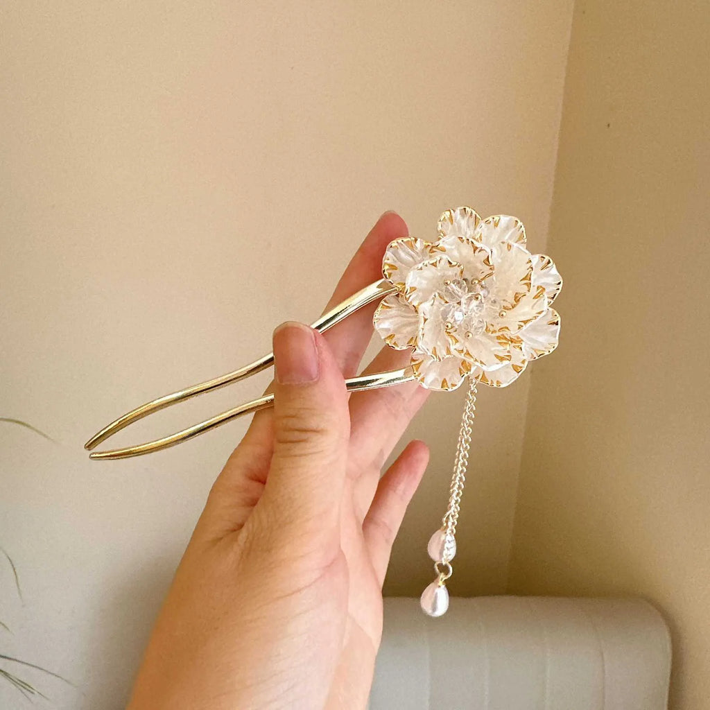 Purple and white alloy peony flower U-shaped hairpin with tassel decoration