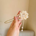 Purple and white alloy peony flower U-shaped hairpin with tassel decoration