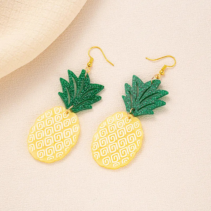 Acrylic drop earrings with coconut and jackfruit designs on alloy hooks in summer colours