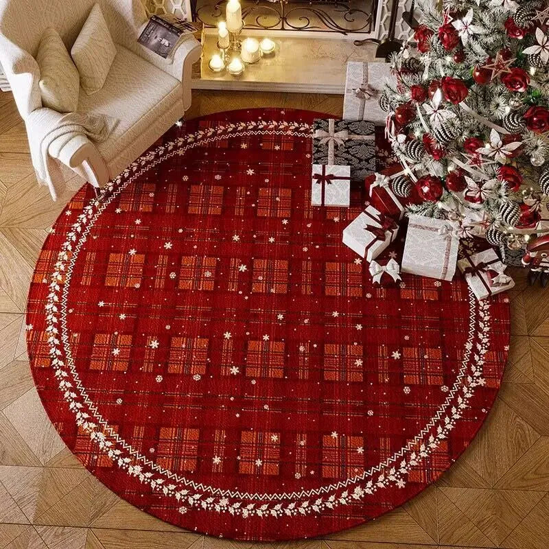 Red Christmas-themed round carpet with festive patterns available in multiple diameters from 60cm to 200cm
