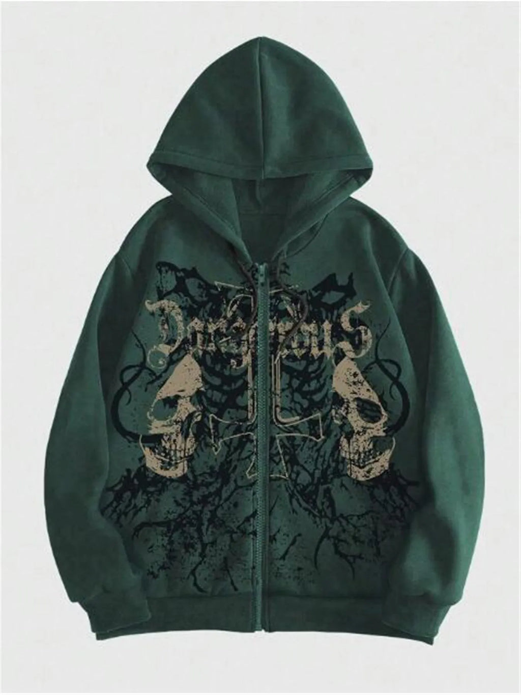Men's pullover hooded sweatshirt with skull print in black, cotton blend fabric, long sleeves, front view