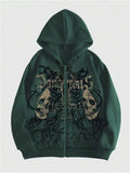 Men's pullover hooded sweatshirt with skull print in black, cotton blend fabric, long sleeves, front view