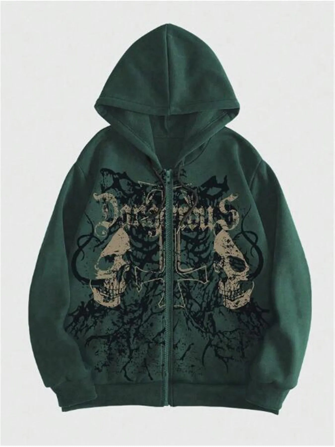 Men's pullover hooded sweatshirt with skull print in black, cotton blend fabric, long sleeves, front view