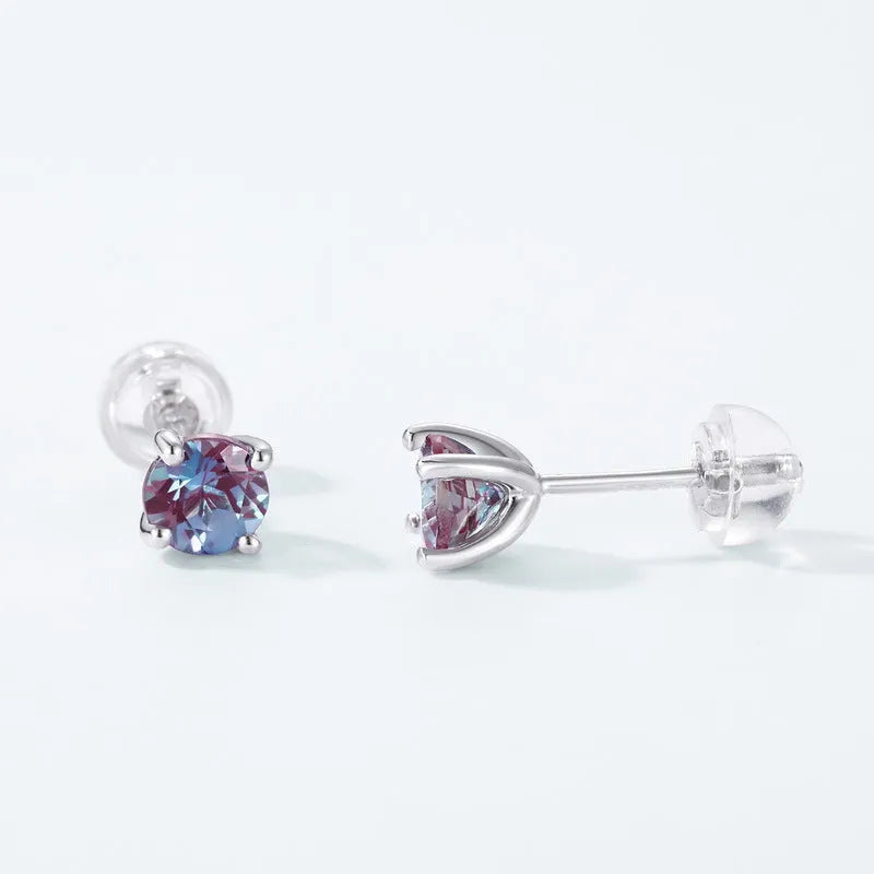 925 silver ear studs with round cultivated alexandrite stones in geometric setting