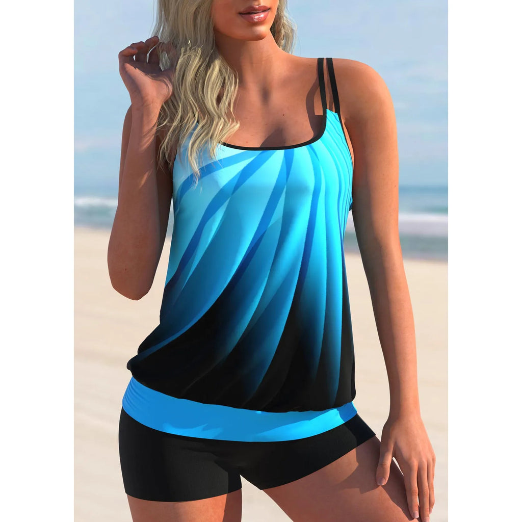 Plus size women's printed swimsuit set with strap top and beach shorts in butterfly pattern