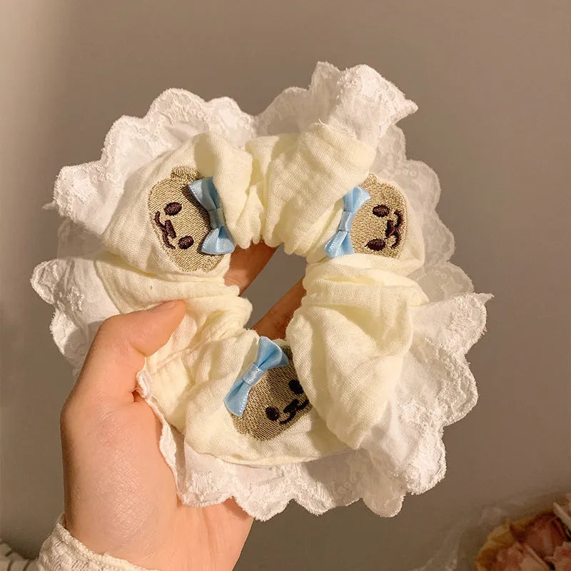 Bear blue bow lace large intestine hair ring elastic fabric hair accessory