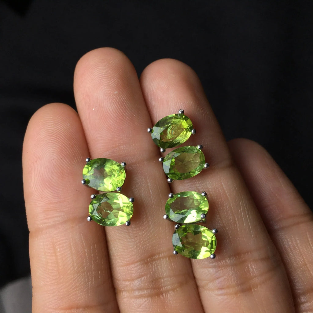 S925 sterling silver stud earrings with oval green olivine gemstone