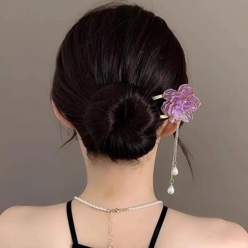 Purple and white alloy peony flower U-shaped hairpin with tassel decoration