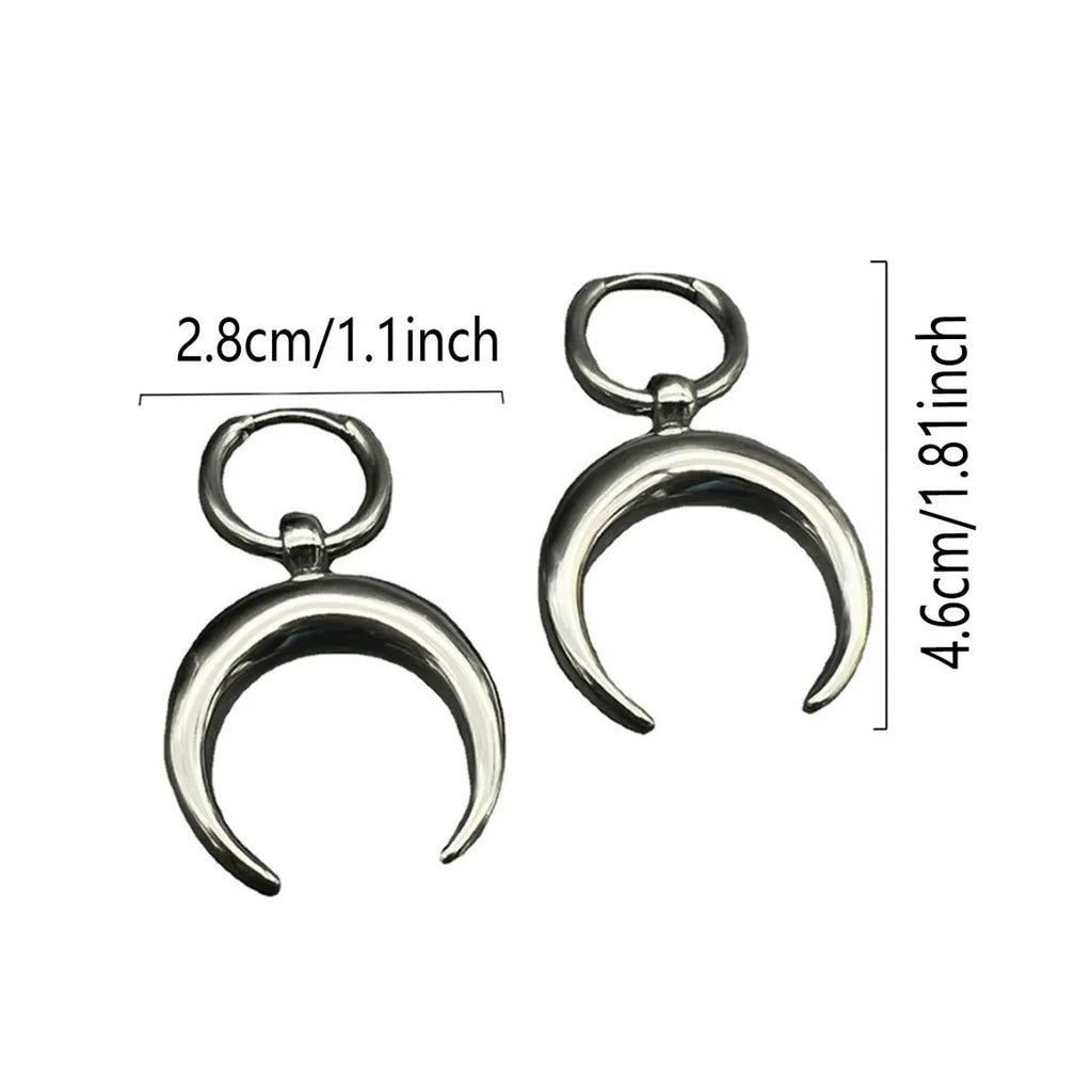 Silver vintage gothic moon big hoop earrings with geometric design and ear clip fastening