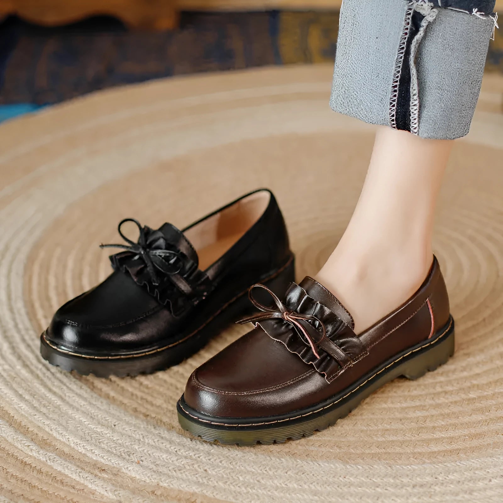 British style women's leather shoes with round toe and chunky heel in black and brown options