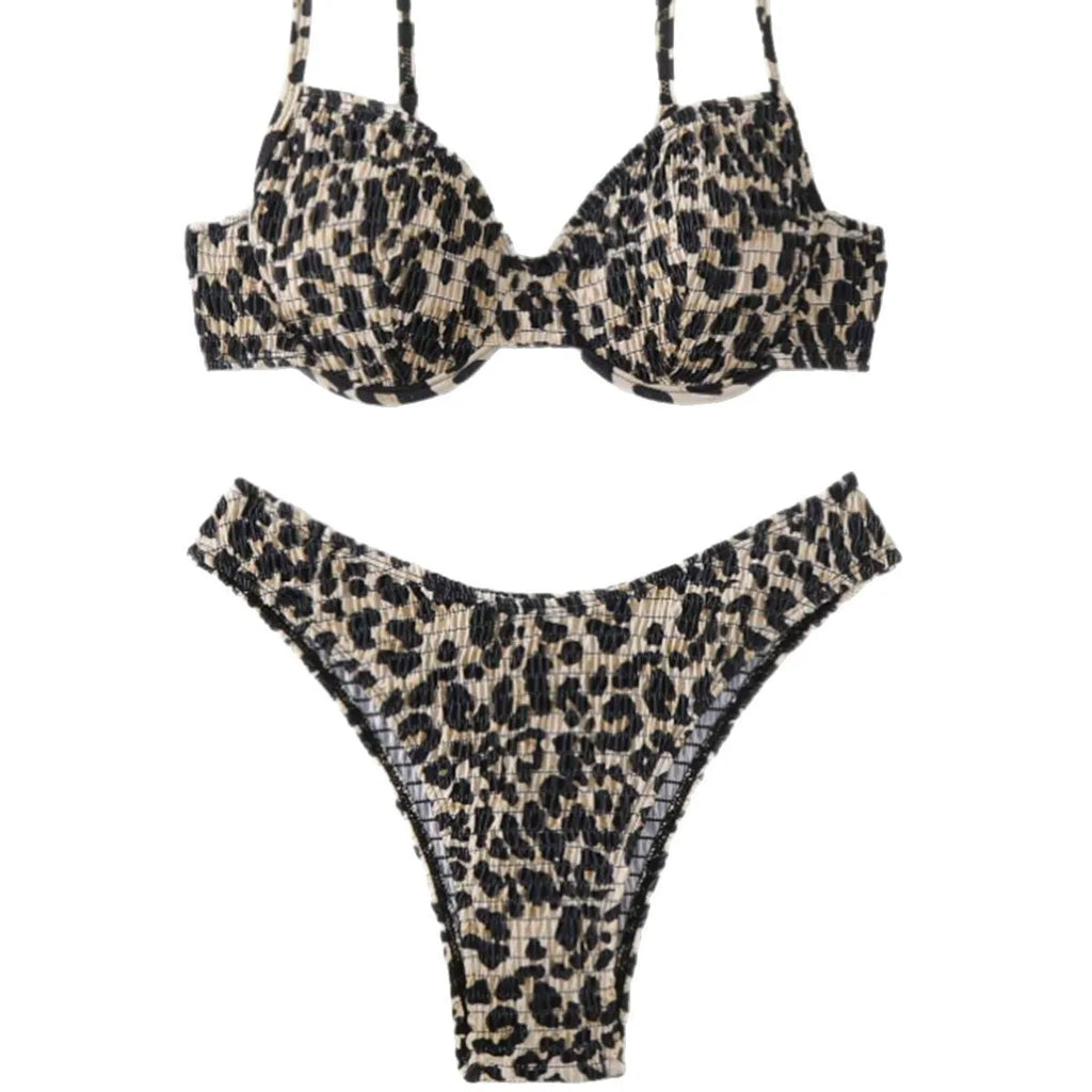 Leopard print backless bikini swimsuit for women with adjustable ties in brown mixed colour