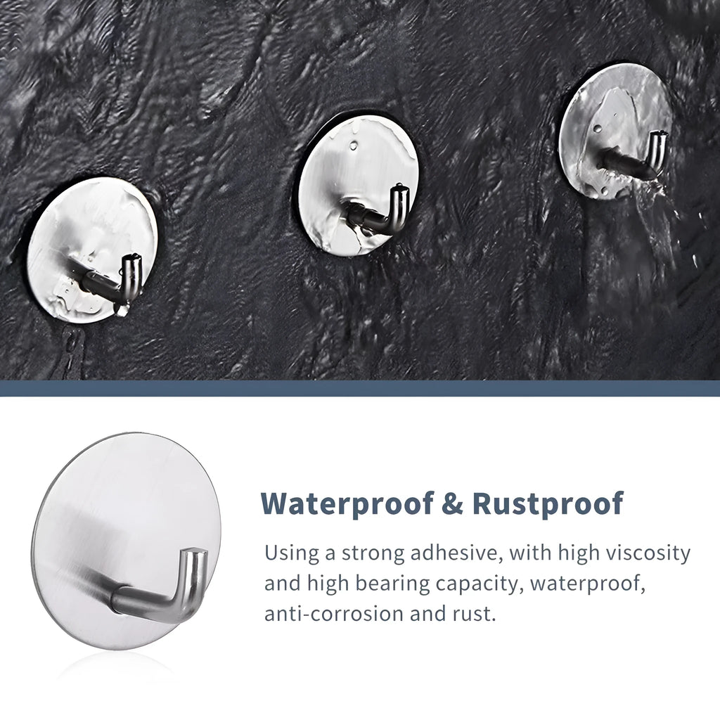 Two round stainless steel self-adhesive hooks, one black and one sanded polished, on a white background.