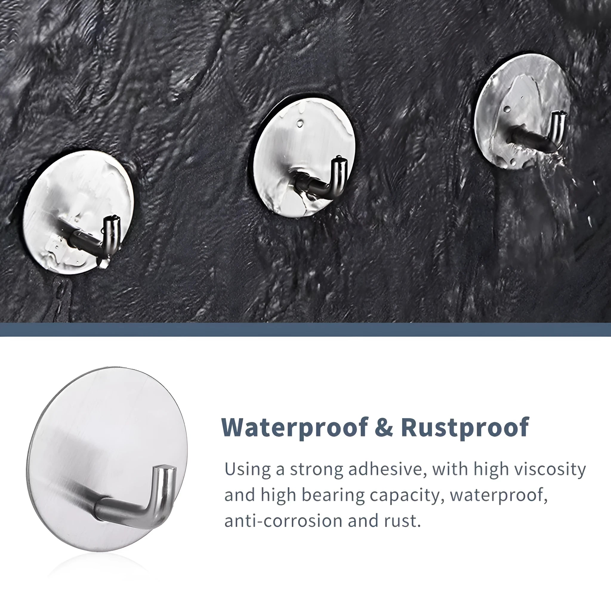 Two round stainless steel self-adhesive hooks, one black and one sanded polished, on a white background.