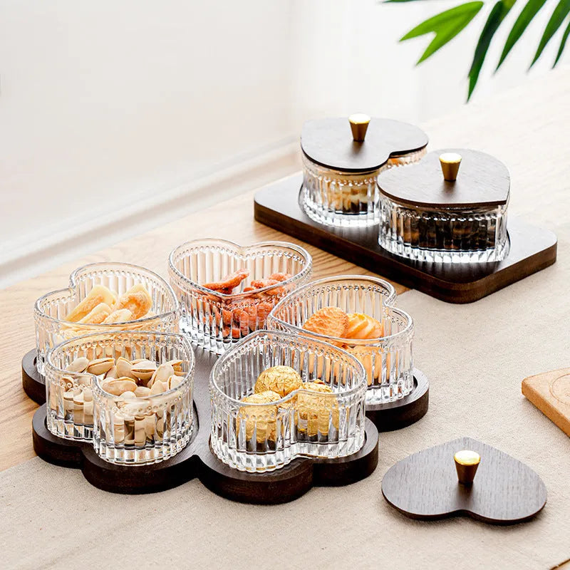 Glass dim sum plate with coloured glaze and transparent heart-shaped lids in multiple grid configurations