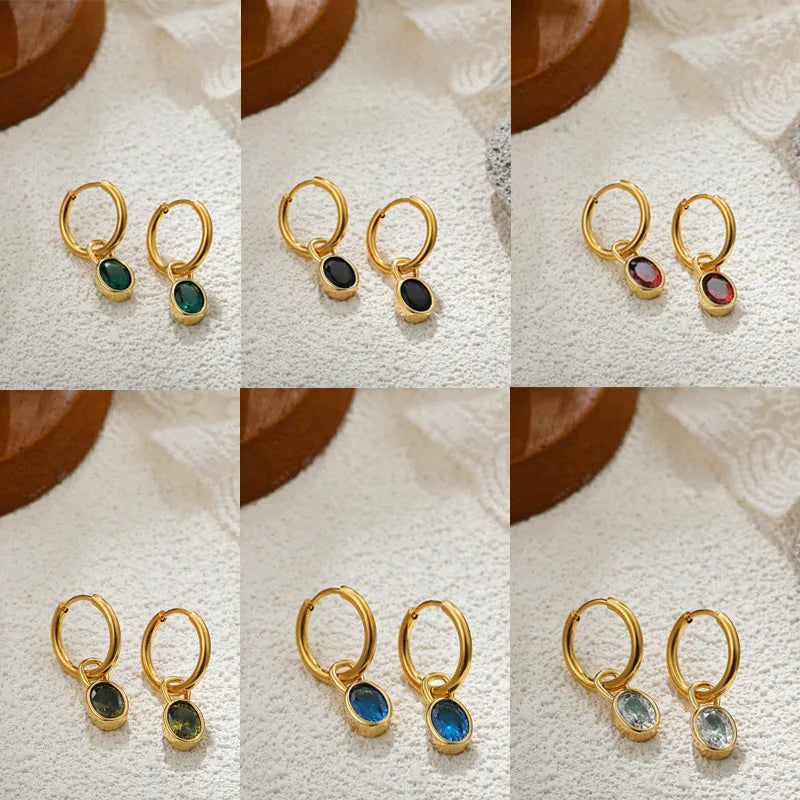Women's copper oval zircon earrings in six colours including army green and emerald