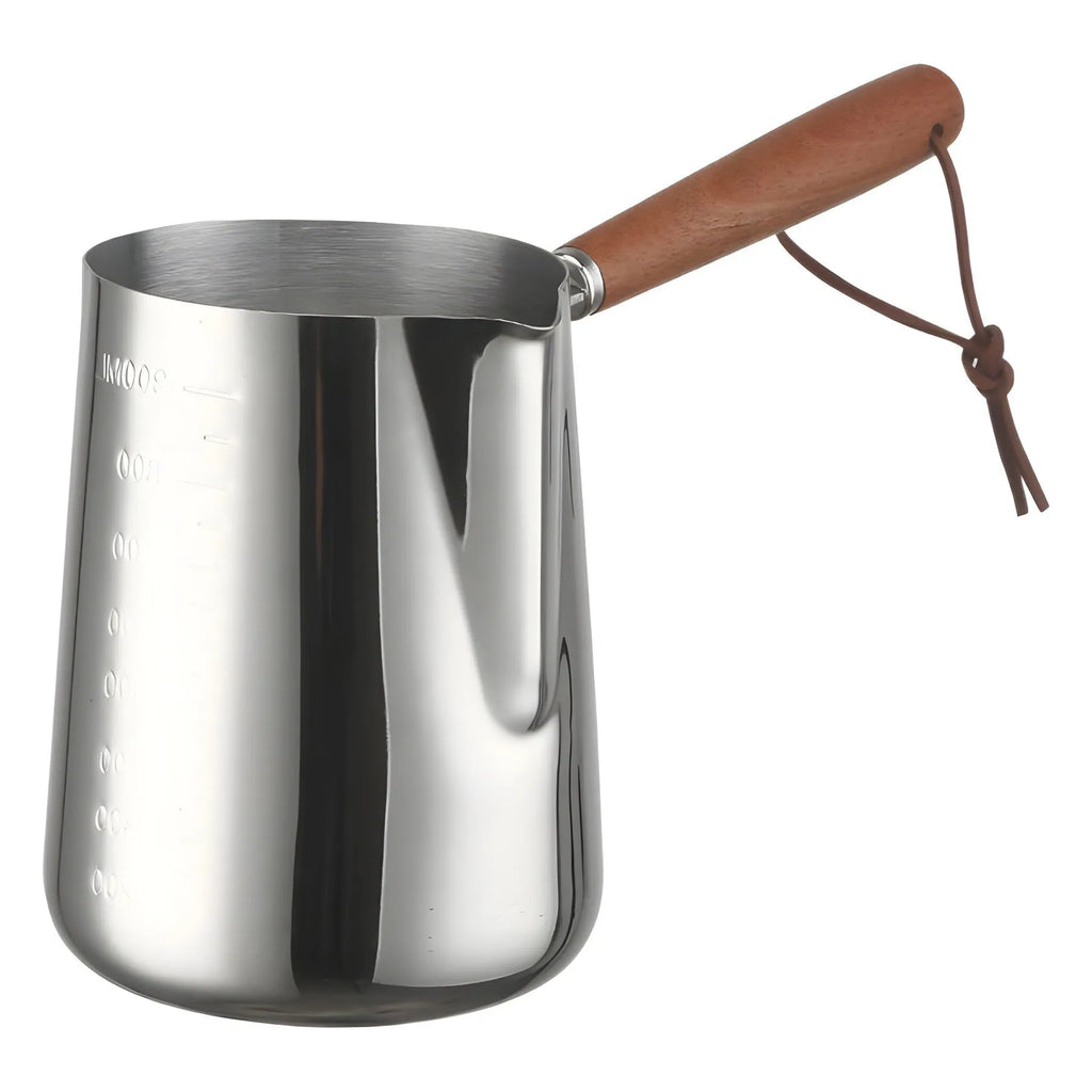 Stainless steel coffee milk pitcher with wooden handle for latte art in three capacity options