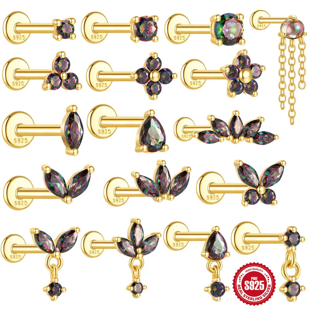 S925 sterling silver geometry earring with rainbow stone and flat head thread piercing post in a gold colour.