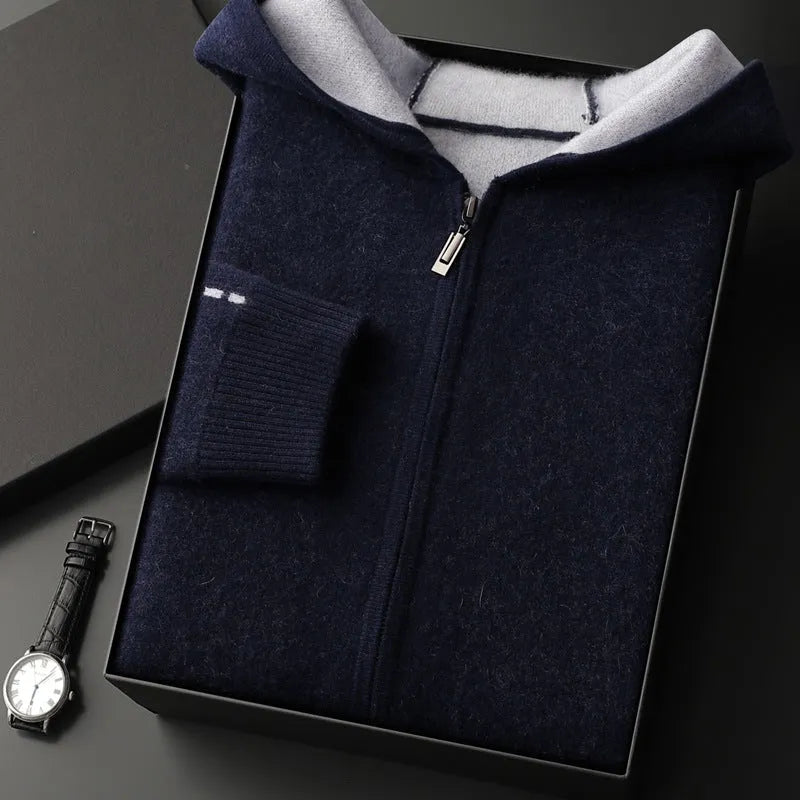 Men's cashmere thickened half-high collar zipper cardigan sweater in dark blue, loose fit, long sleeves