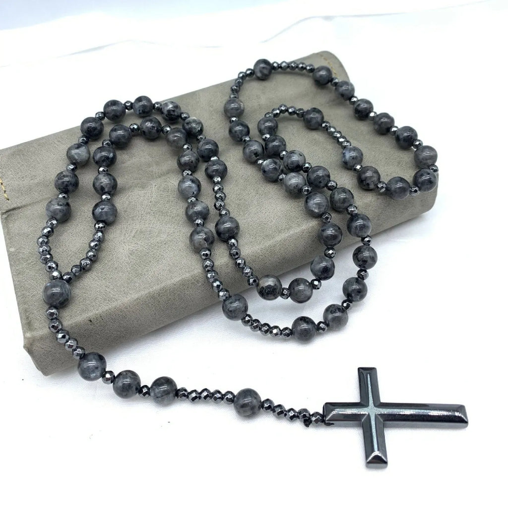 Hand-woven stone cross pendant necklace on 80cm ball bead chain, unisex geometric design