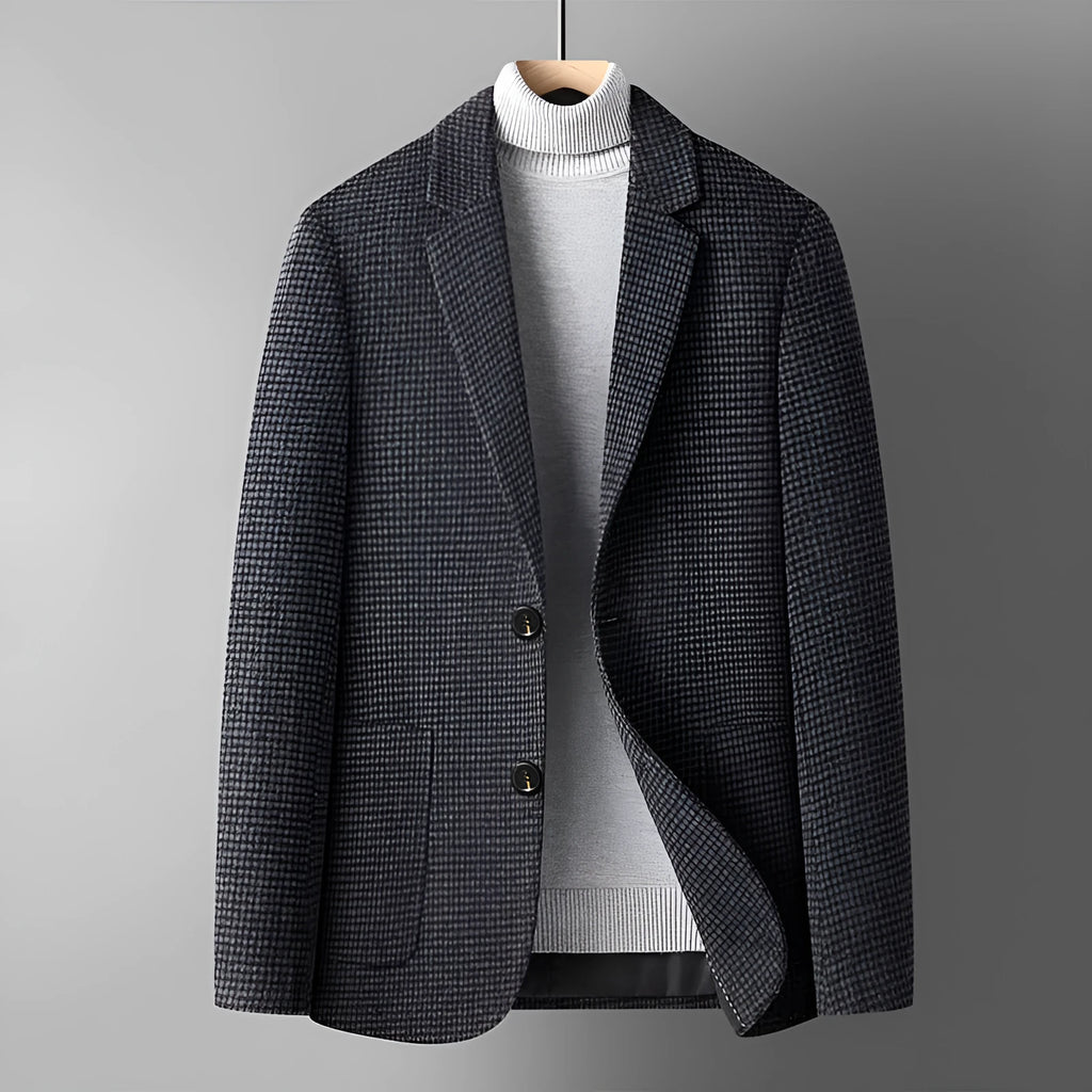 Men's slim fit wool suit jacket in grey, shown on a model, suitable for autumn casual wear.