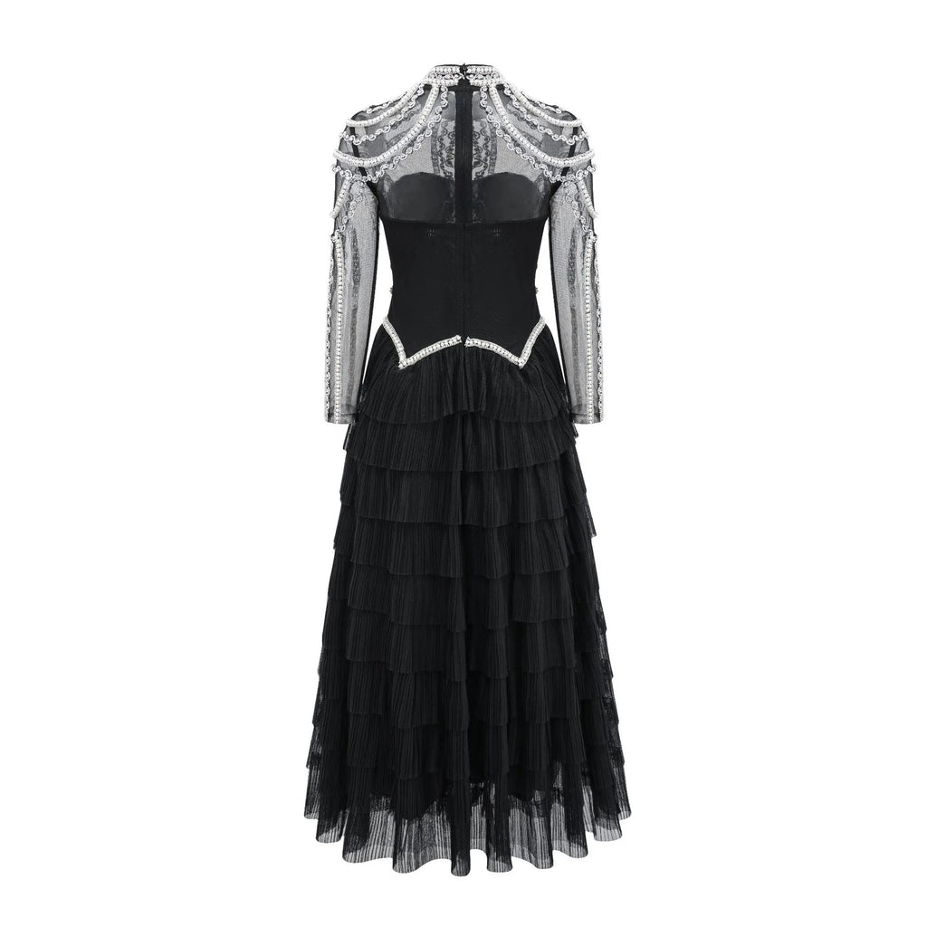 Women's black beaded long sleeve dress with three-dimensional decoration and mid-waist design
