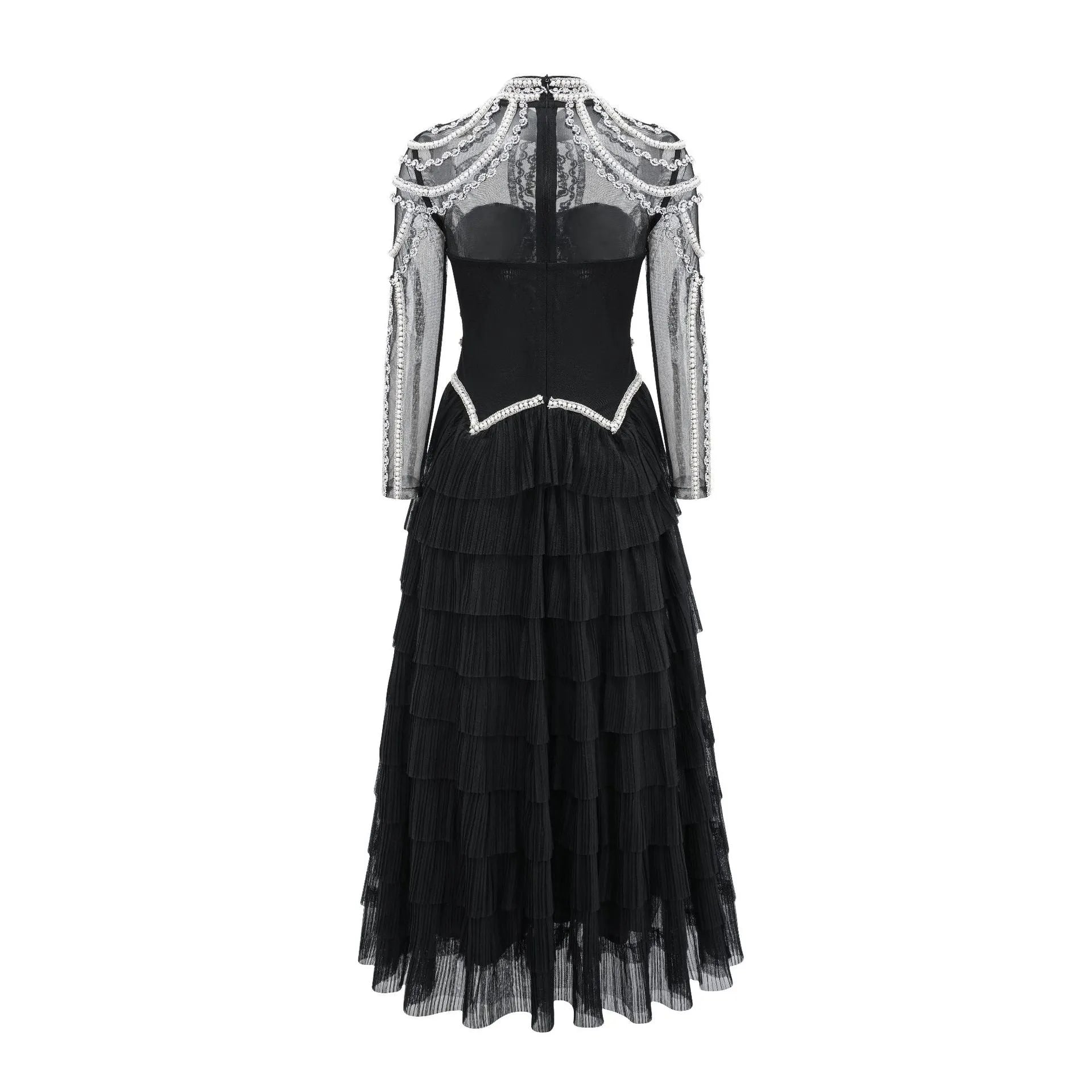 Women's black beaded long sleeve dress with three-dimensional decoration and mid-waist design