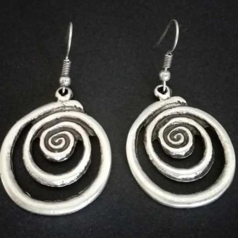 Retro geometric spiral distressed earrings in silver alloy measuring 2.6cm by 5cm