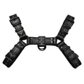 Black leather chest harness strap with metal buckles for men's bondage costume.