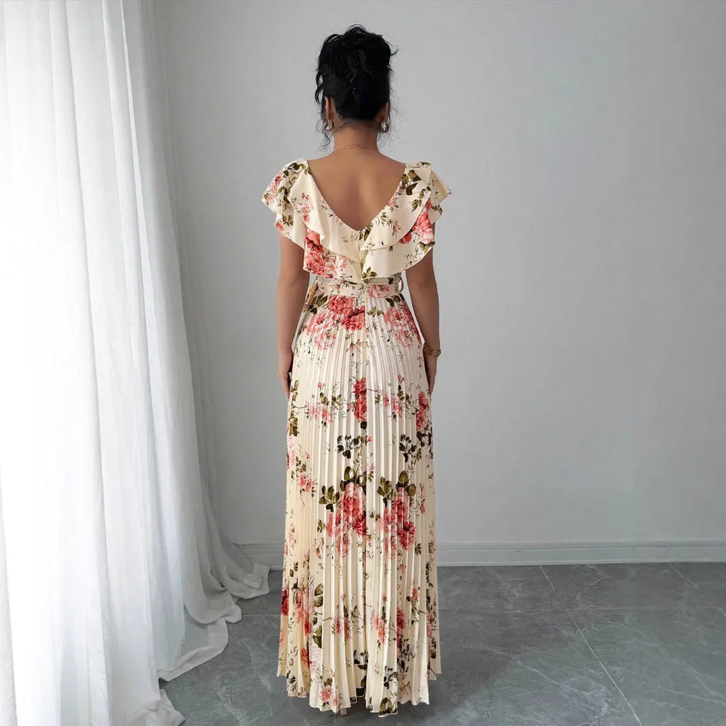 Apricot floral print v-neck dress with ruffled sleeves and swing skirt