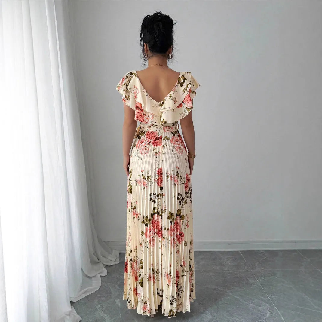 Apricot floral print v-neck dress with ruffled sleeves and swing skirt