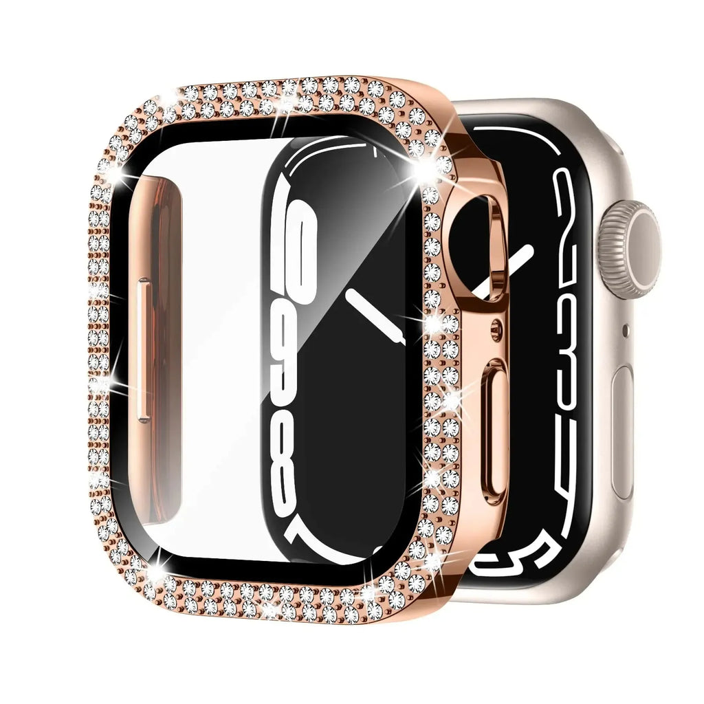Double diamond glass Apple Watch case in rose pink colour showing peep-proof protection design