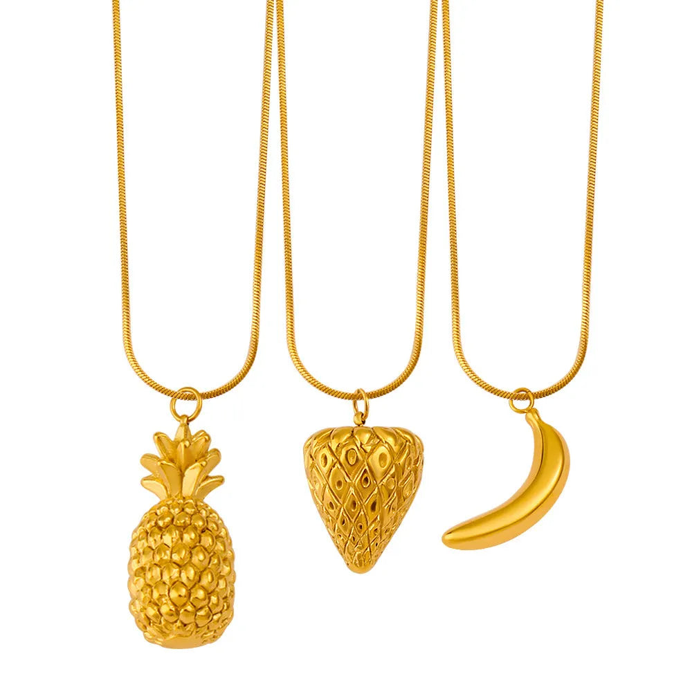 Women's stainless steel fruit pendant necklace with six colourful fruit designs on regular chain