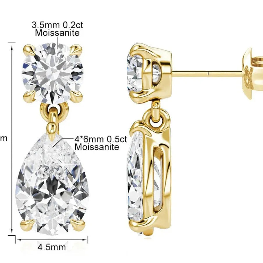 Sterling silver stud earrings with round and water drop moissanite stones in gold or silver plating