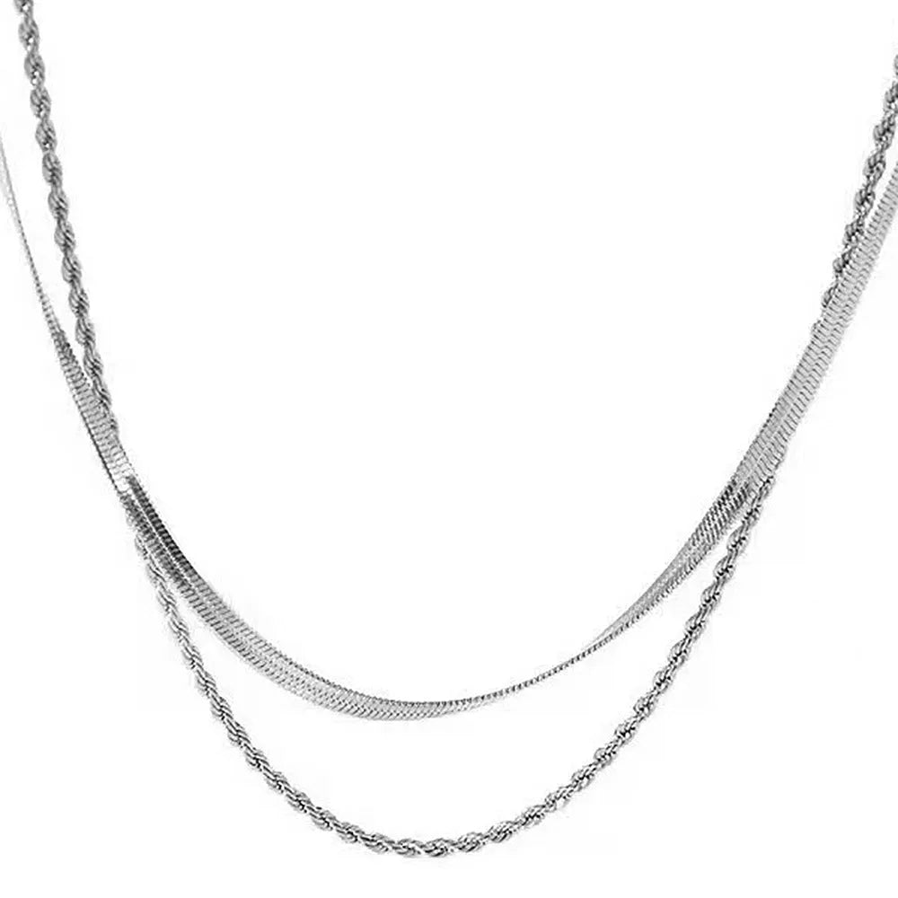 Women's retro geometric double-layer twist necklace with titanium steel pendant on adjustable snake bone chain