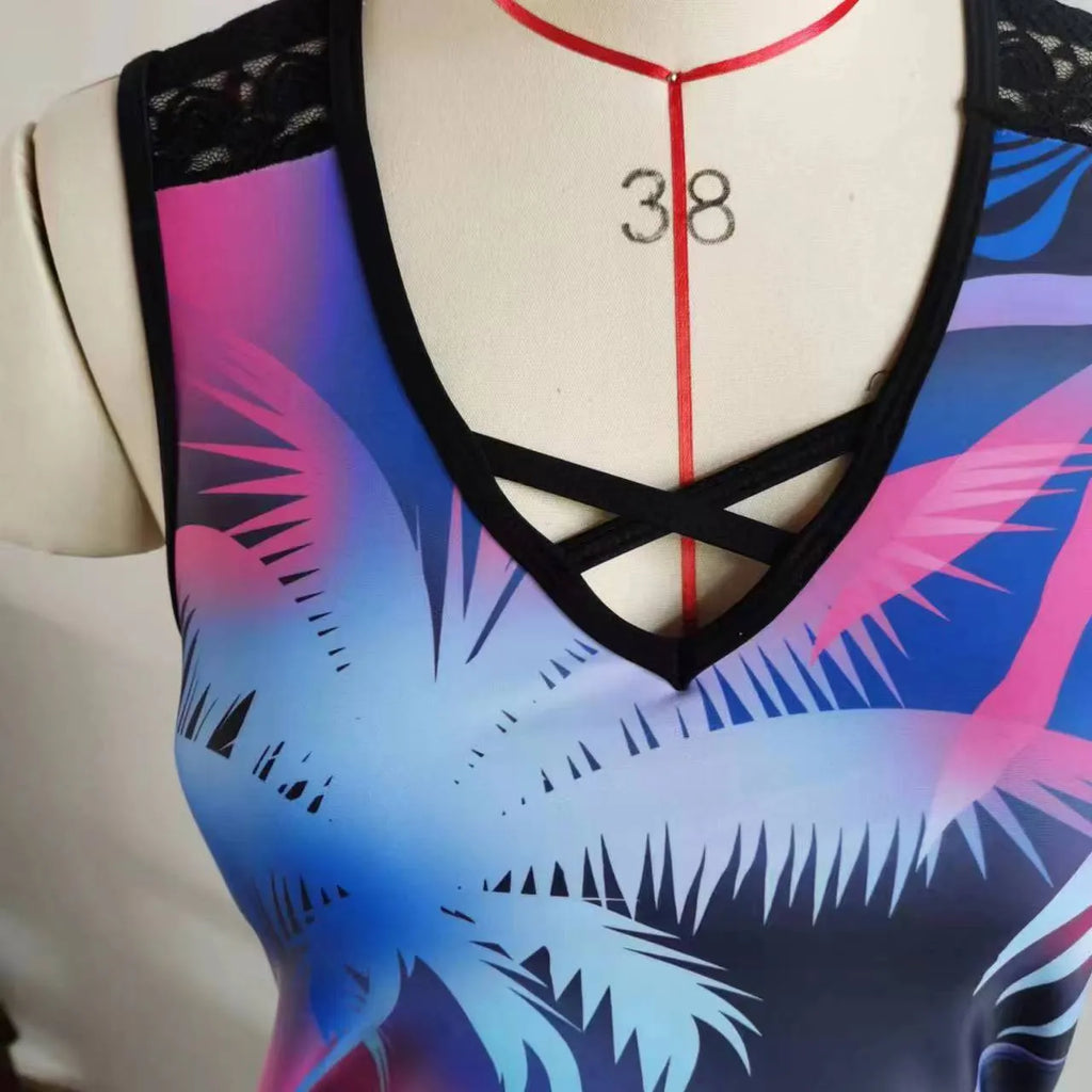 Women's printed lace two-piece swimsuit with floral pattern, blue colour, size options M to 3XL