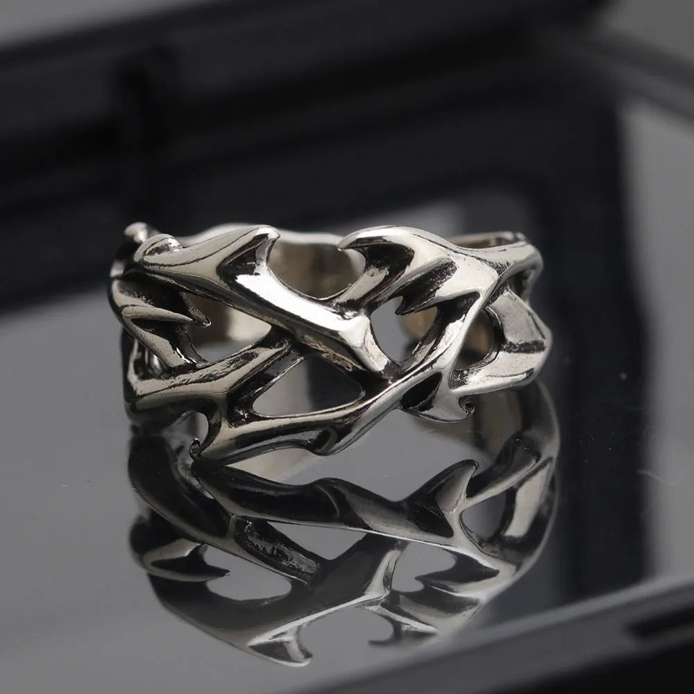 Copper thorn ring with geometric flower design and adjustable opening