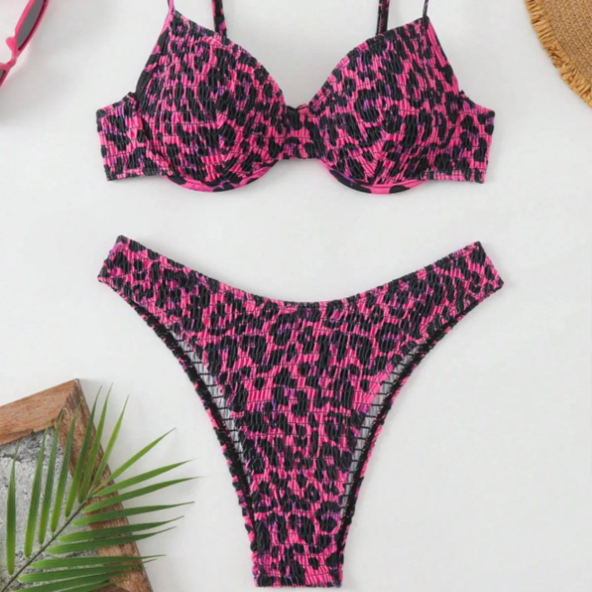 Leopard print backless bikini swimsuit for women with adjustable ties in brown mixed colour