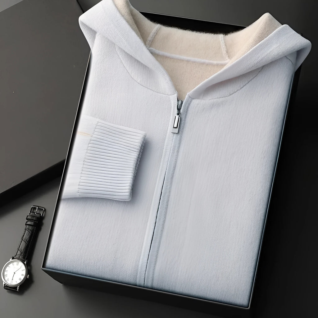 Men's cashmere thickened half-high collar zipper cardigan sweater in dark blue, loose fit, long sleeves