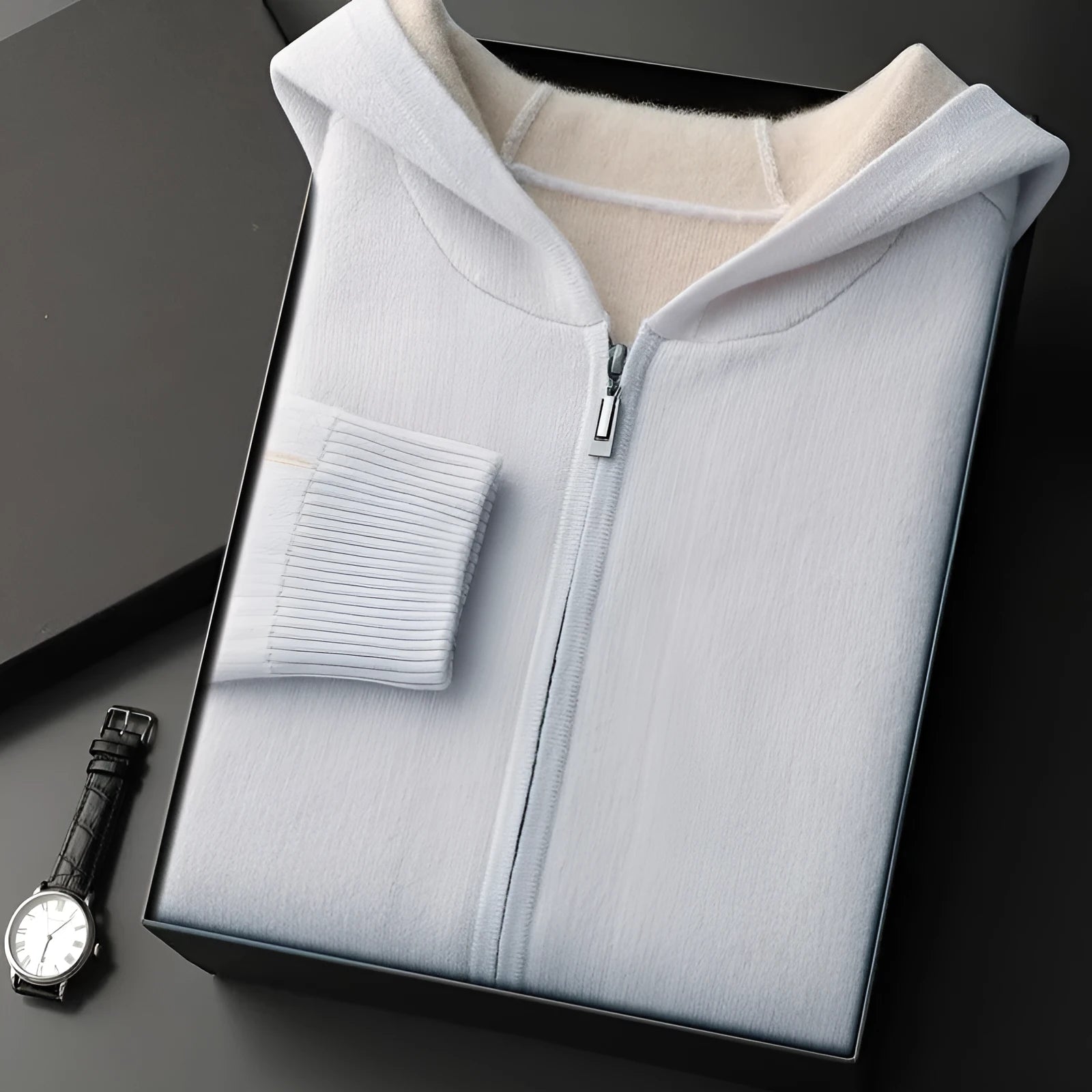 Men's cashmere thickened half-high collar zipper cardigan sweater in dark blue, loose fit, long sleeves