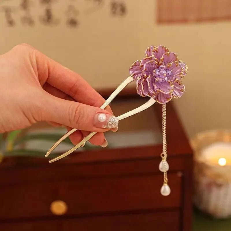 Purple and white alloy peony flower U-shaped hairpin with tassel decoration