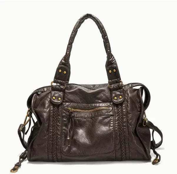 Women's brown retro shoulder messenger bag made of soft PU, showing weaving detail and a single strap.