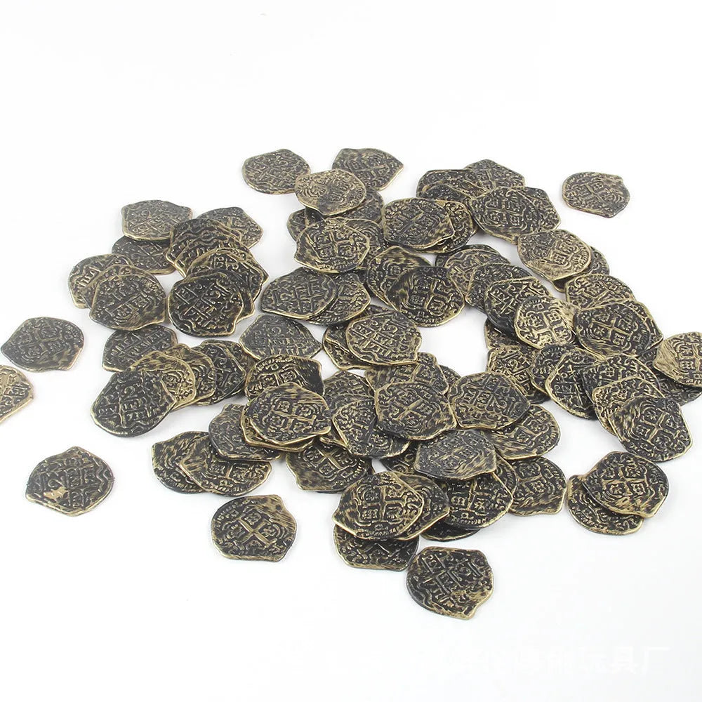 Plastic Roman coins bulk pack showing gold, silver, and bronze antique finishes.