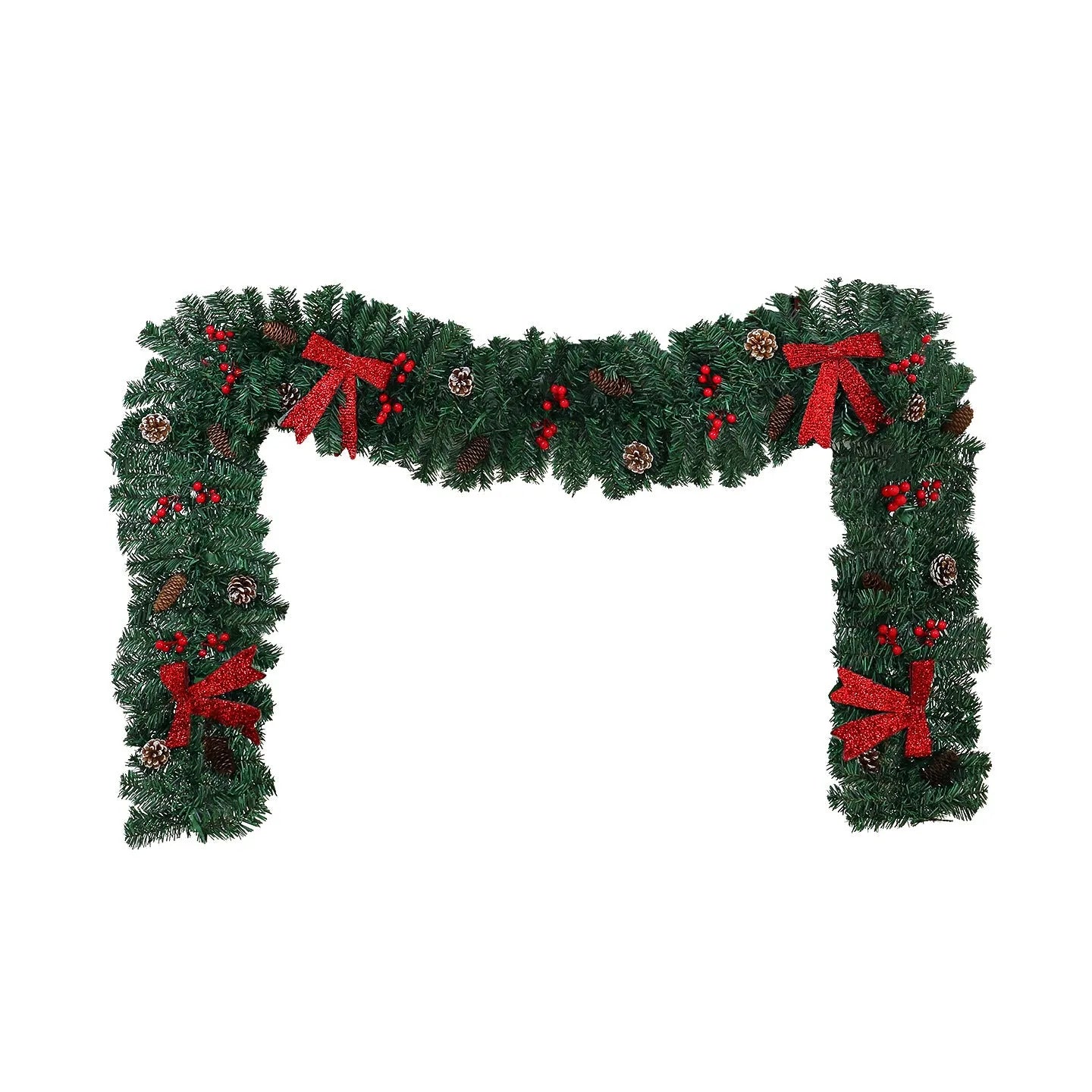 Christmas rattan wreath decoration with pine cones and red bow on green background