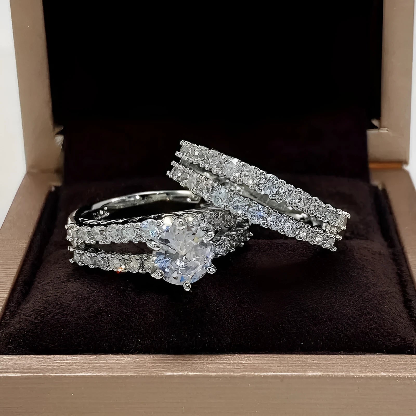 2-in-1 female ring set in alloy with fully jewelled design showing silver, gold, and rose gold colour options